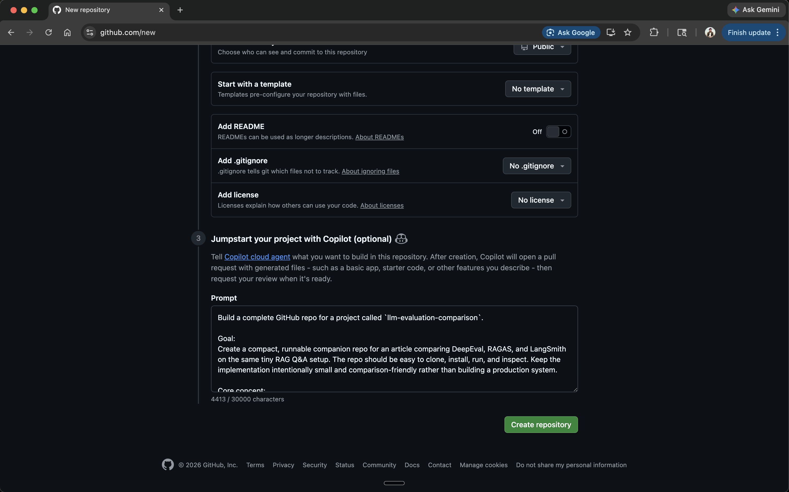 Creating a new project with Copilot agent on GitHub